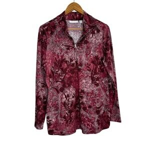 Susan Graver Womens Pullover Medium Red Paisley 1/4 Zip Long Sleeve Artsy Mature